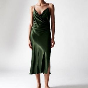 Zara Green Satin Drapey Slip Dress NWT